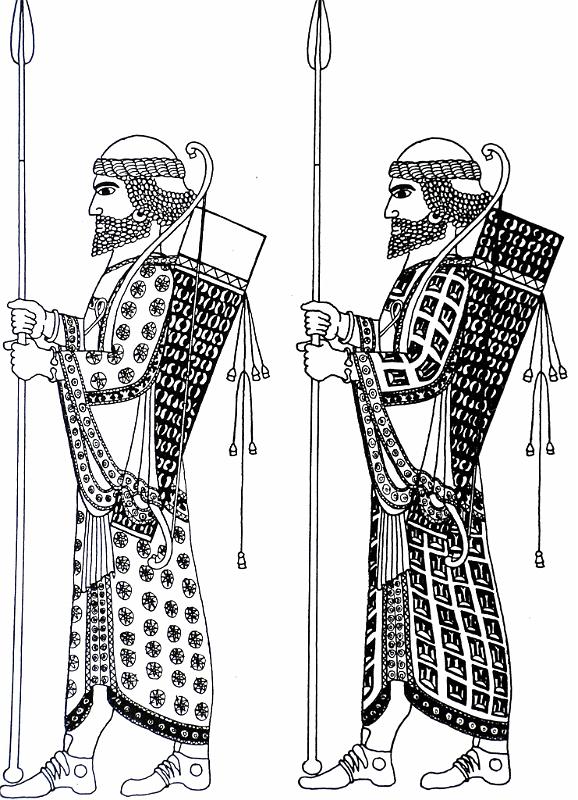 'Susianergarde' (Fries)sv.jpg - Die farbigen Ziegelfriese in Susa setzten die gelben Gewänder mit Kriegsstern- und die weißen Gewänder mit Stadtmauer-Muster abwechselnd. Vielleicht werden hier die bei Xenophon erwähnte organisatorische Trennung in Stadtwachen und Feldtruppen gezeigt.